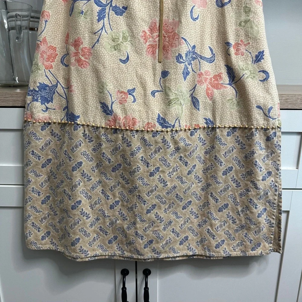 Cottagecore Linen Rayon Maxi Skirt Womens 4P Tan Floral Beaded Beach Vacation